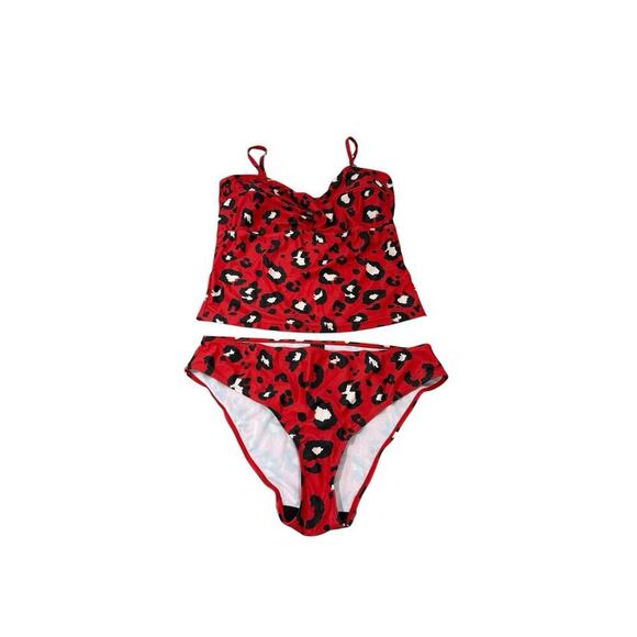 Long Tall Sally Twist Front Tankini Swimsuit Red Leopard Womens 12 - Picture 1 of 10